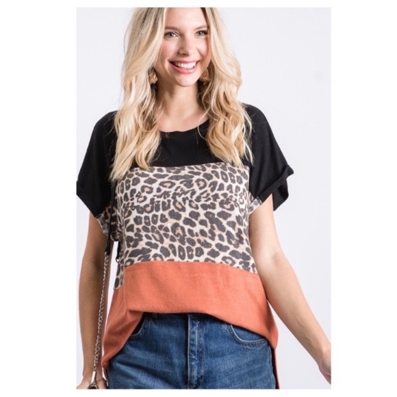 Leopard Print Color Block Short Sleeve Top - Picture 2 of 2